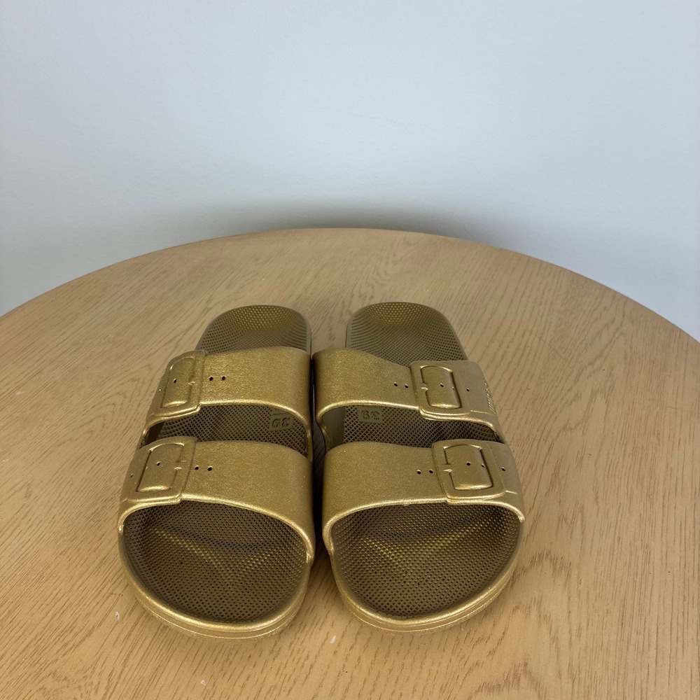 Freedom Moses Gold Metallic Double Strap Slide Sandals Women's 39 40 US 8-9 - Picture 2 of 7